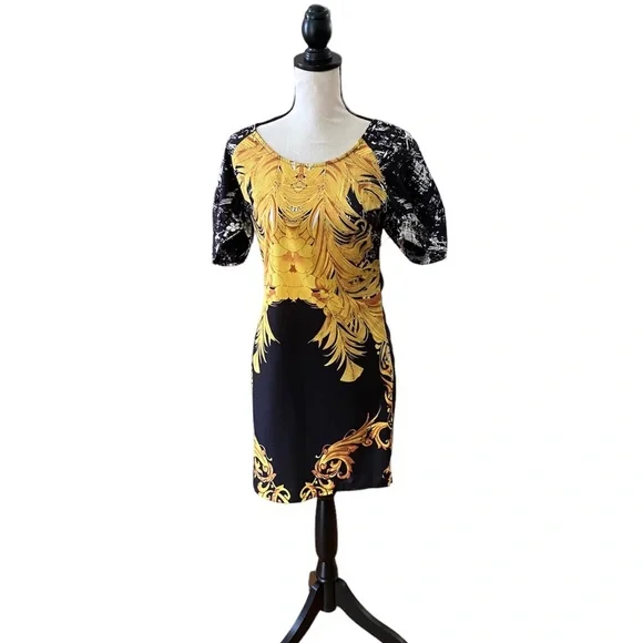 Baroque Print Puffy Sleeve Mini Dress | Color: Black/Yellow | Size: M | Shopstyleshark's Closet